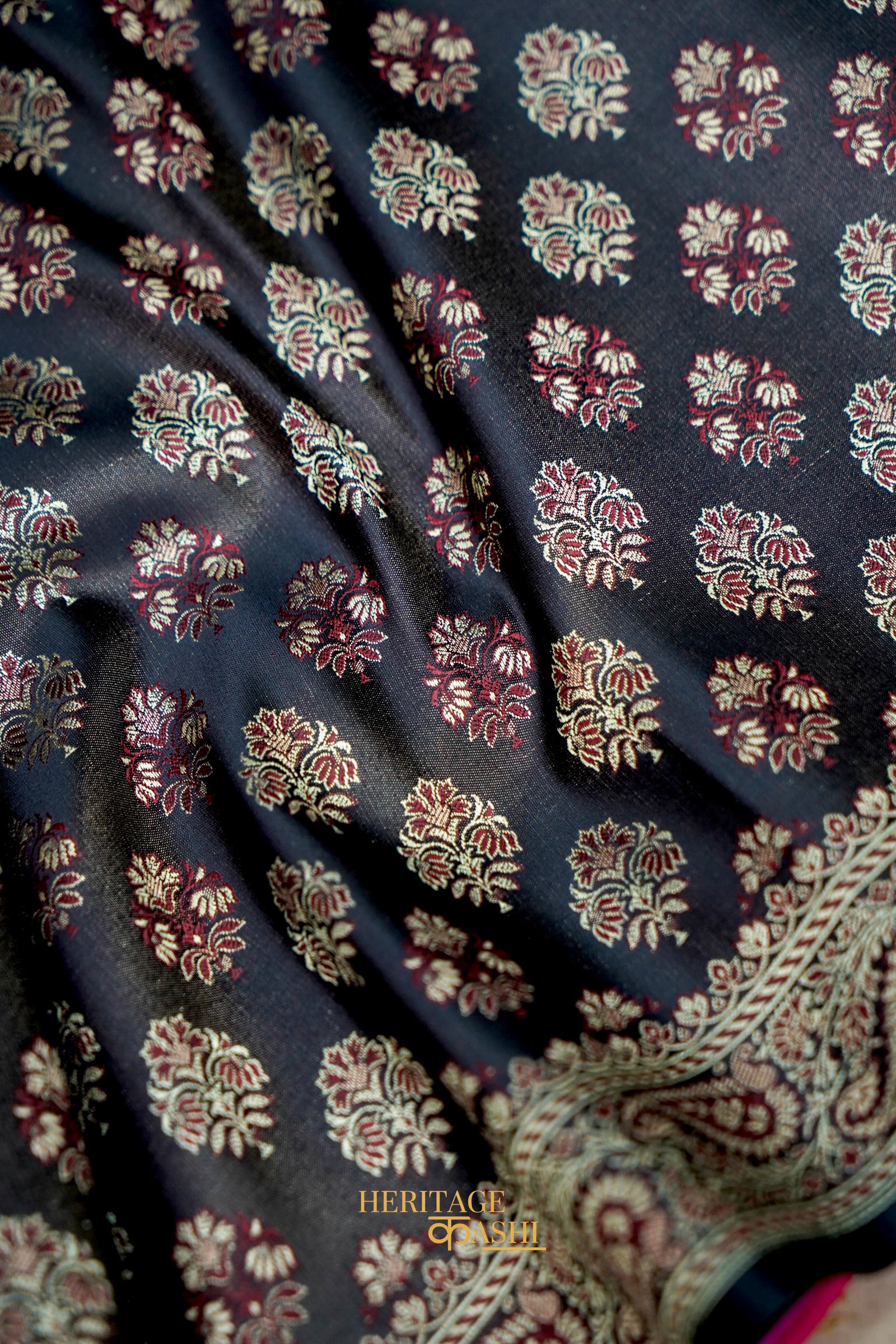Black Satin Reshami Dohra Ektara Banarasi Silk Saree