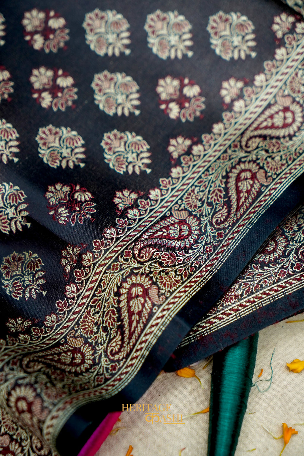 Black Satin Reshami Dohra Ektara Banarasi Silk Saree