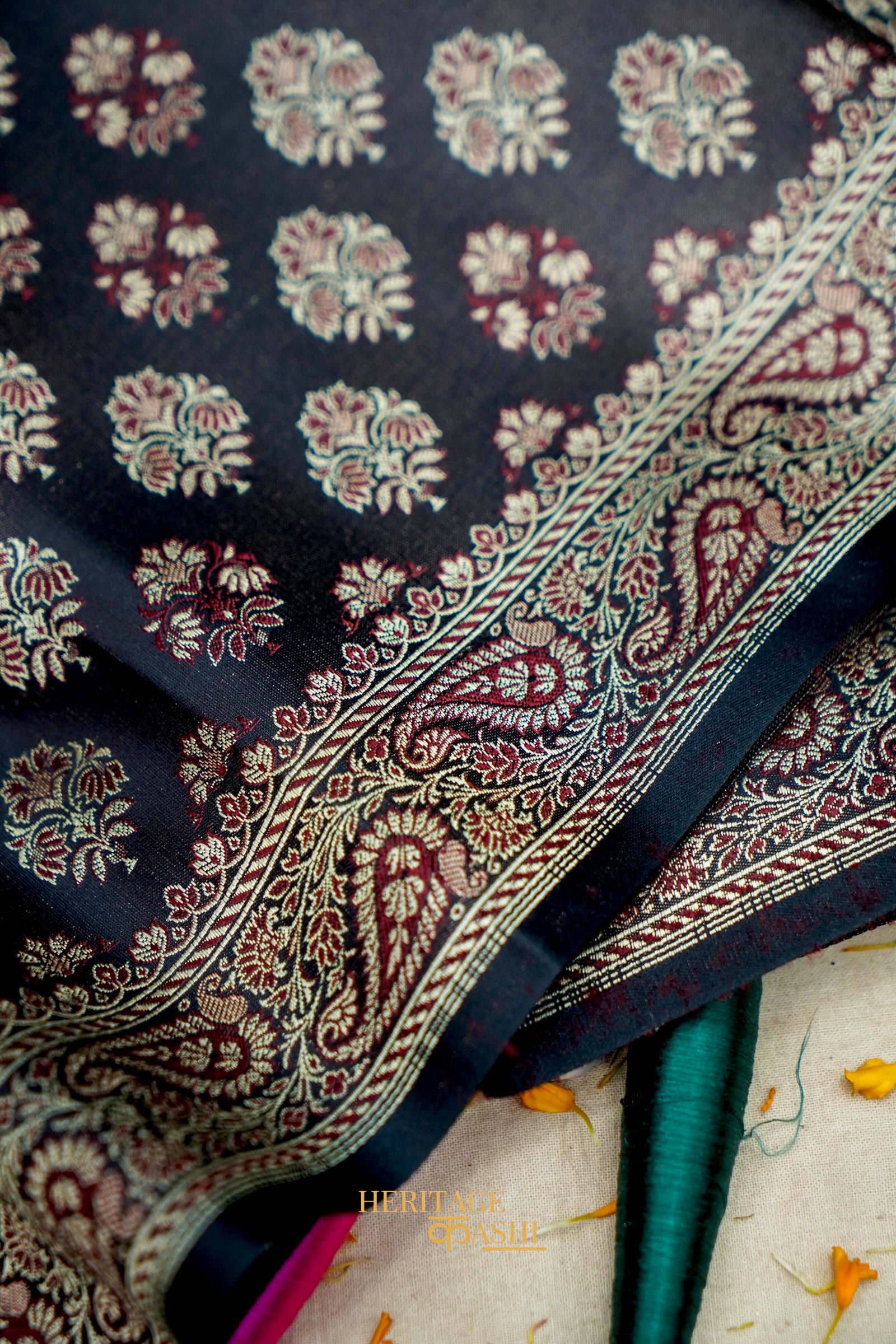 Black Satin Reshami Dohra Ektara Banarasi Silk Saree