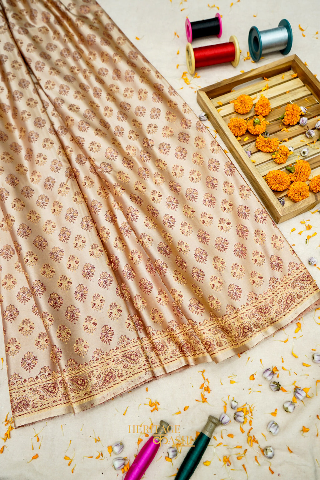 Champagne Beige Satin Reshami Dohra Ektara Banarasi Silk Saree