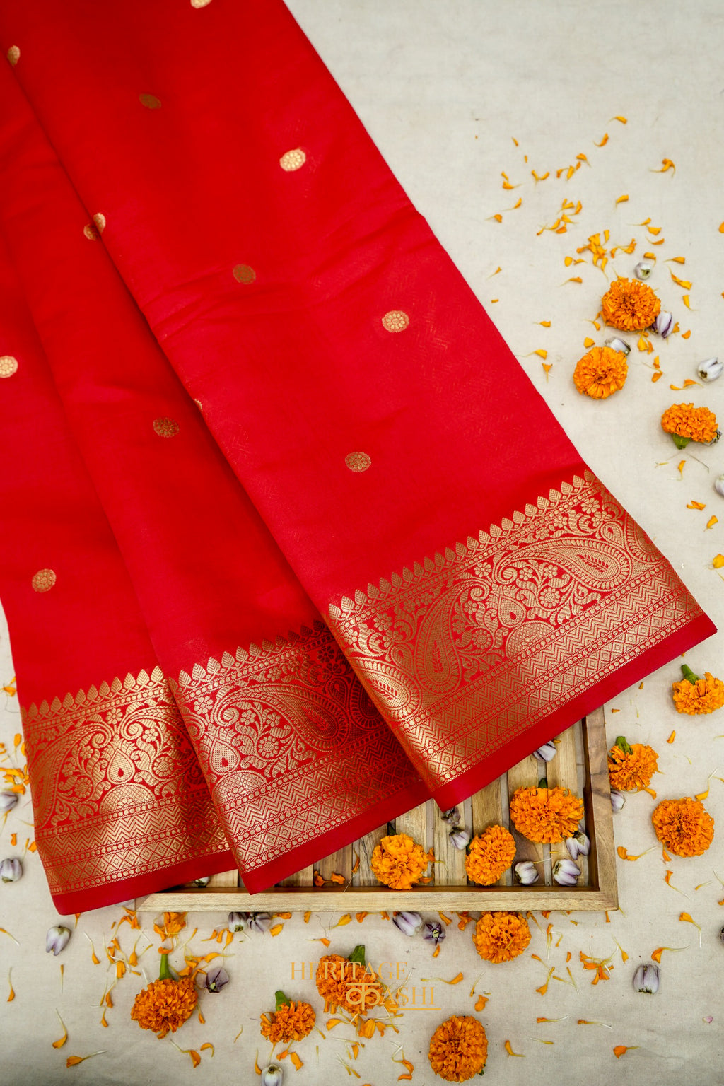 Red Katan Banarasi Silk Saree with Rich Paisley Zari Border