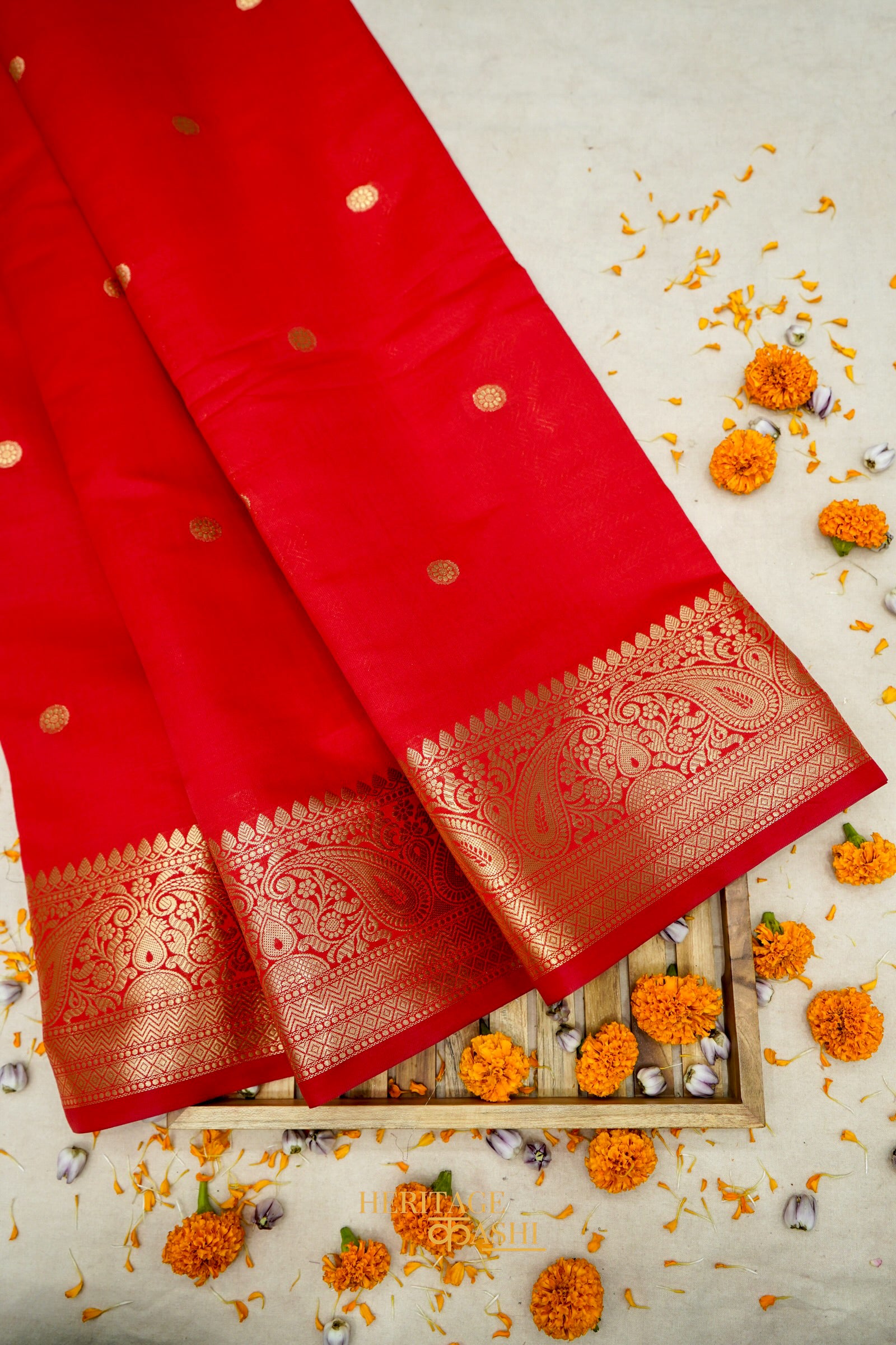 Red Katan Banarasi Silk Saree with Rich Paisley Zari Border