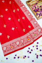 Scarlet Red Katan Silk Saree with Meenakari Motifs & Floral Zari Border