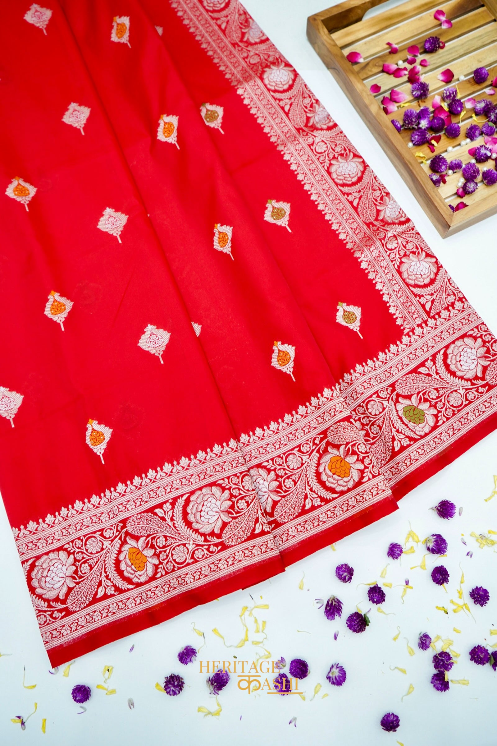 Scarlet Red Katan Silk Saree with Meenakari Motifs & Floral Zari Border