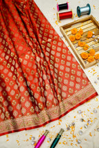 Vermilion Red Satin Reshami Dohra Ektara Banarasi Silk Saree
