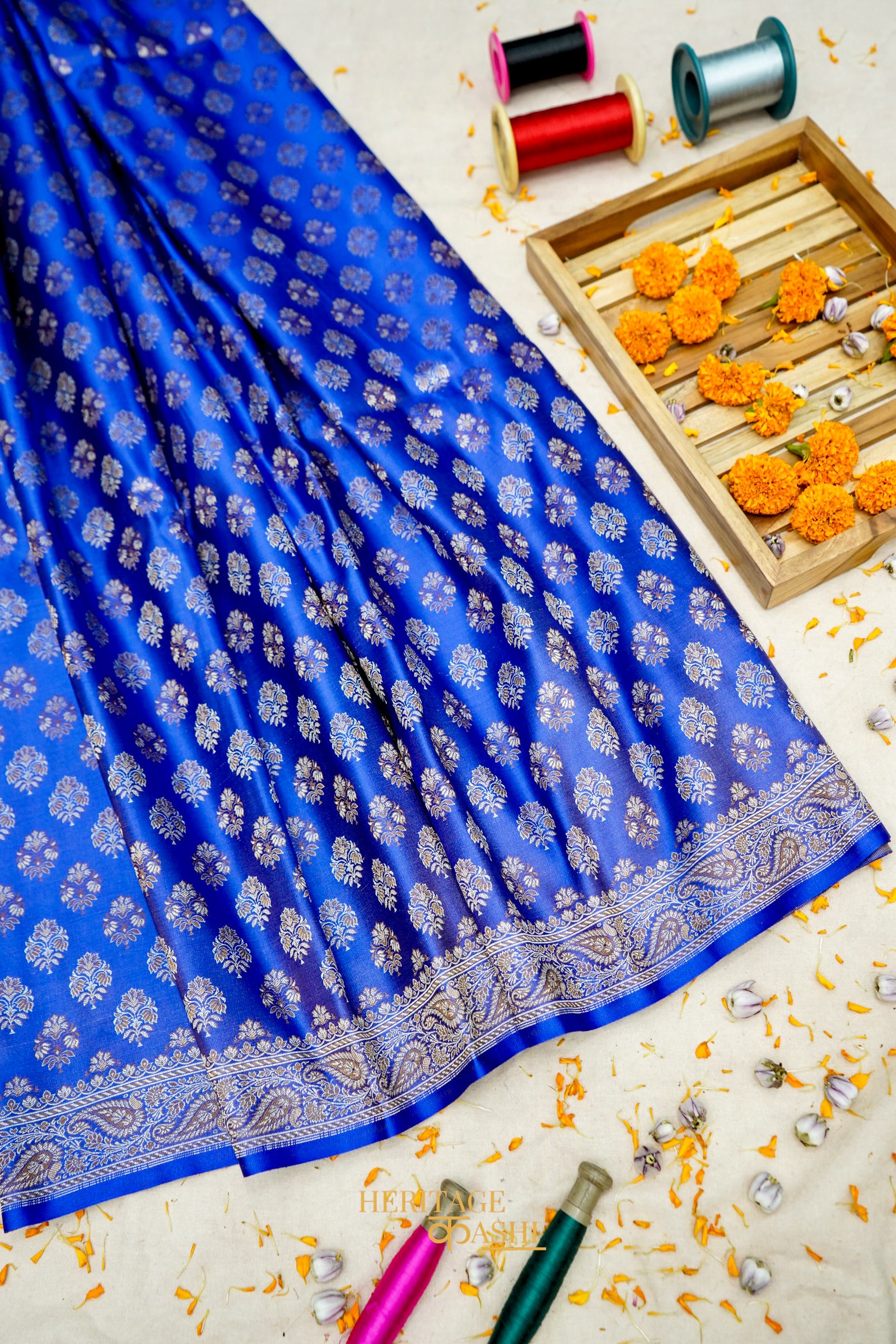 Royal Blue Satin Reshami Dohra Ektara Banarasi Silk Saree