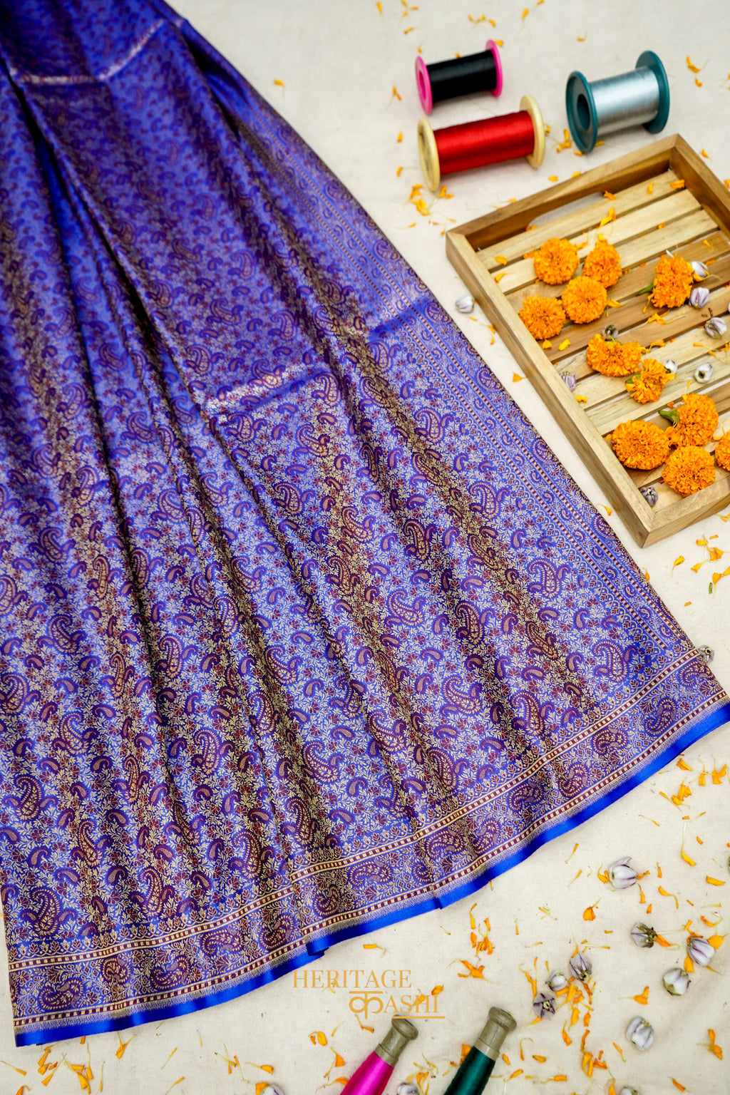 Royal Blue Satin Tanchoi Reshami Ektara Banarasi Silk Saree
