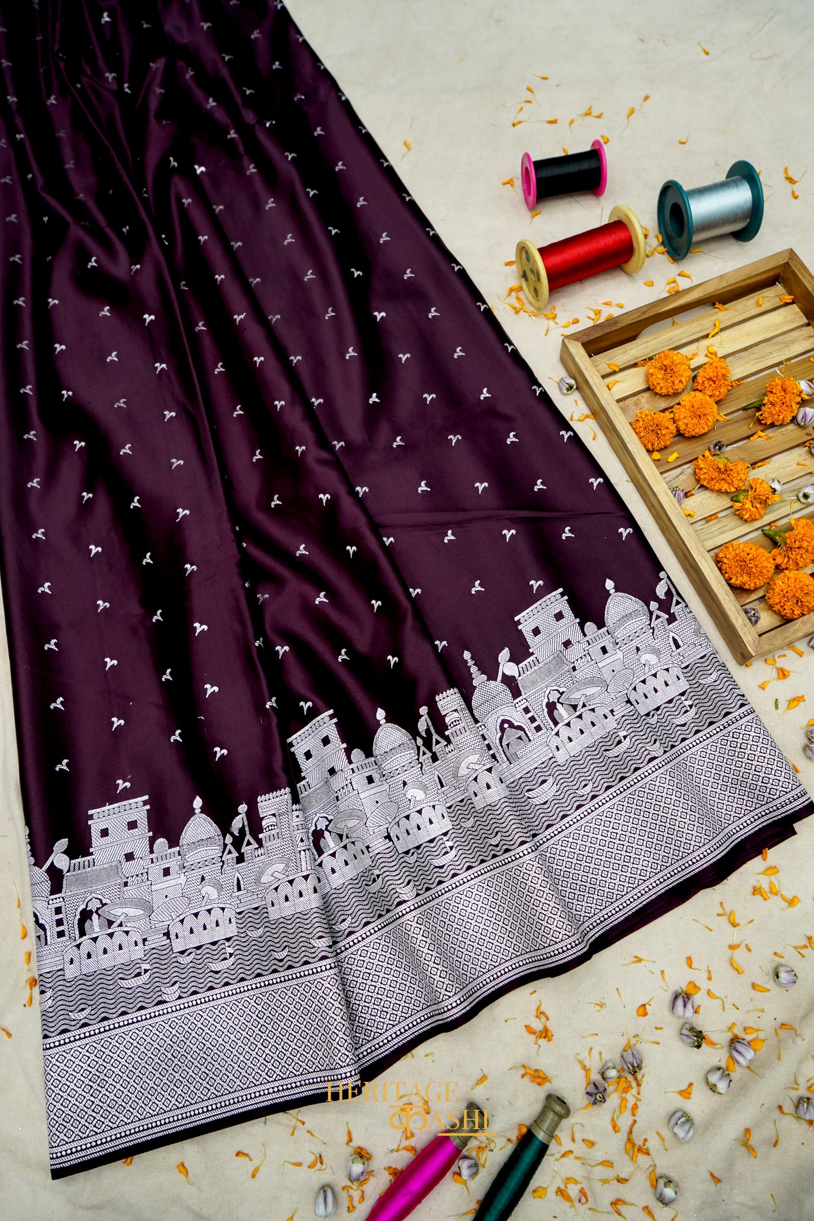 Deep Wine Mashru Katan Banarasi Ghat Silk Saree