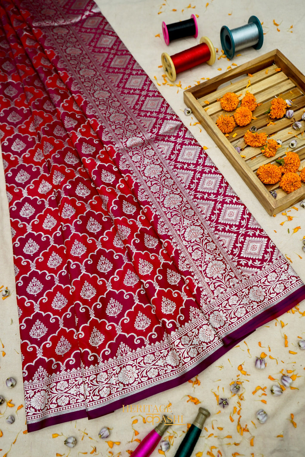 Wine Katan Rangkat Banarasi Silk Saree with Silver Zari Border