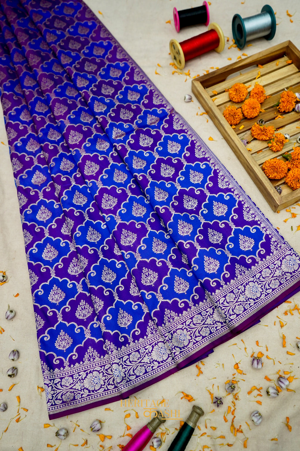Royal Blue Katan Rangkat Banarasi Silk Saree with Silver Zari Border