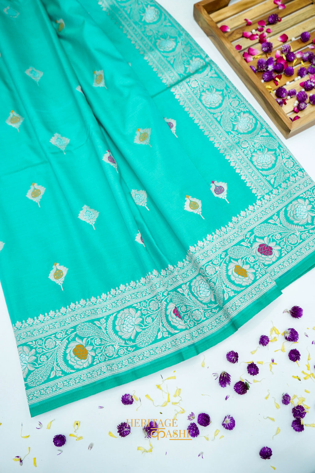 Aqua Blue Katan Silk Saree with Meenakari Motifs & Floral Zari Border