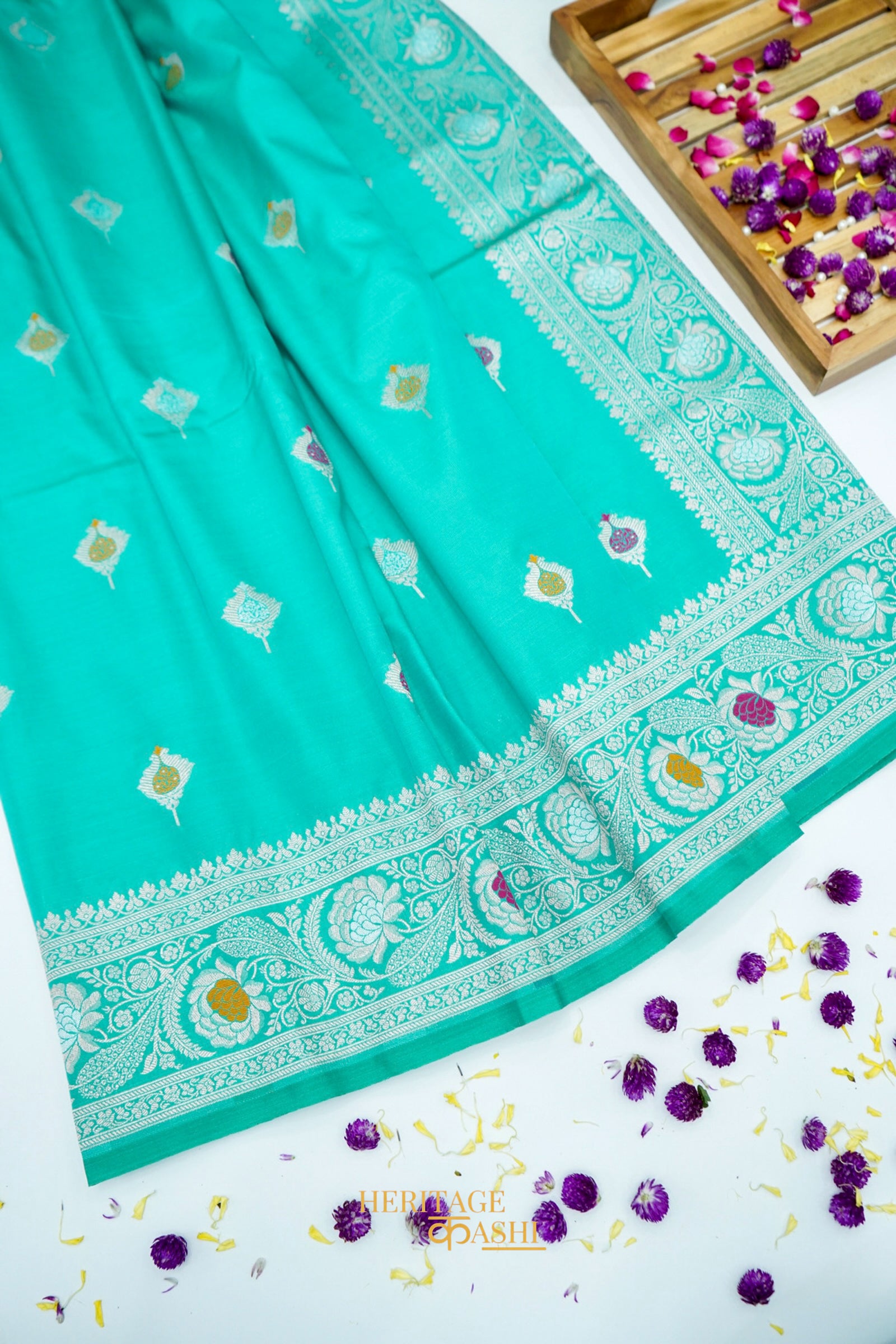 Aqua Blue Katan Silk Saree with Meenakari Motifs & Floral Zari Border