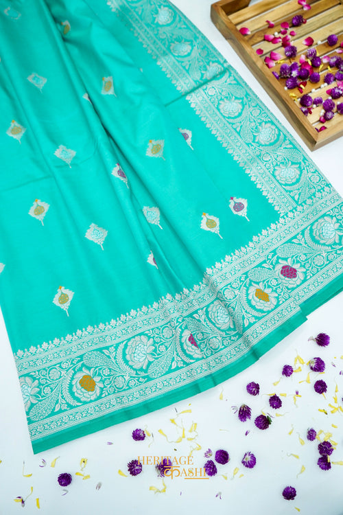 Aqua Blue Katan Silk Saree with Meenakari Motifs & Floral Zari Border