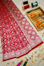Ruby Red Katan Rangkat Banarasi Silk Saree with Silver Zari Border
