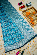 Turquoise Blue Katan Rangkat Banarasi Silk Saree with Silver Zari Border