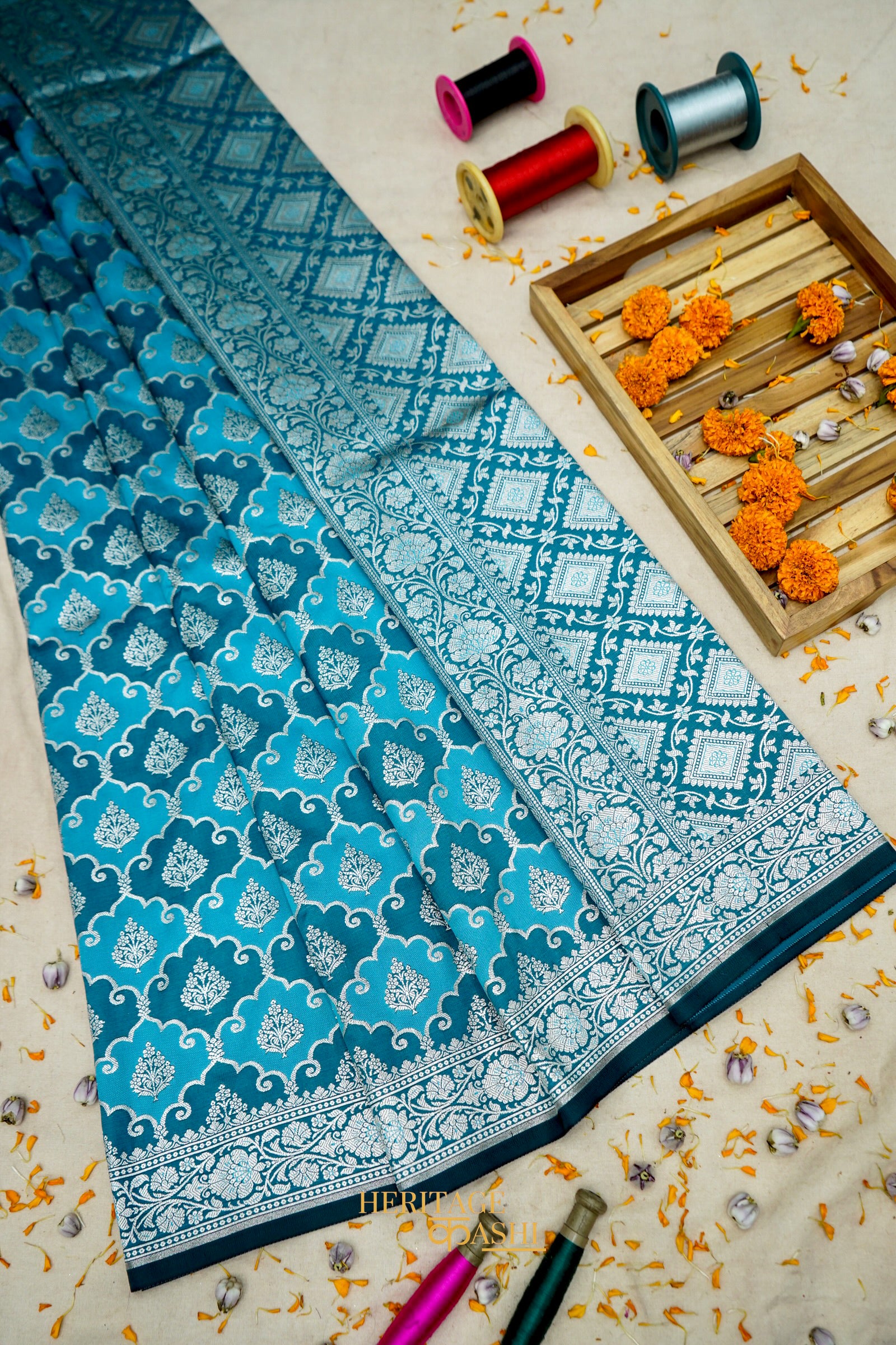 Turquoise Blue Katan Rangkat Banarasi Silk Saree with Silver Zari Border