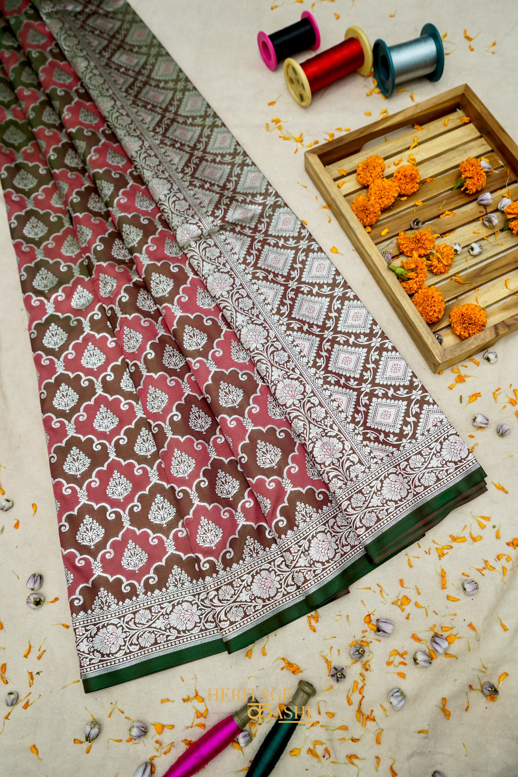 Rose Pink Katan Rangkat Banarasi Silk Saree with Silver Zari Border