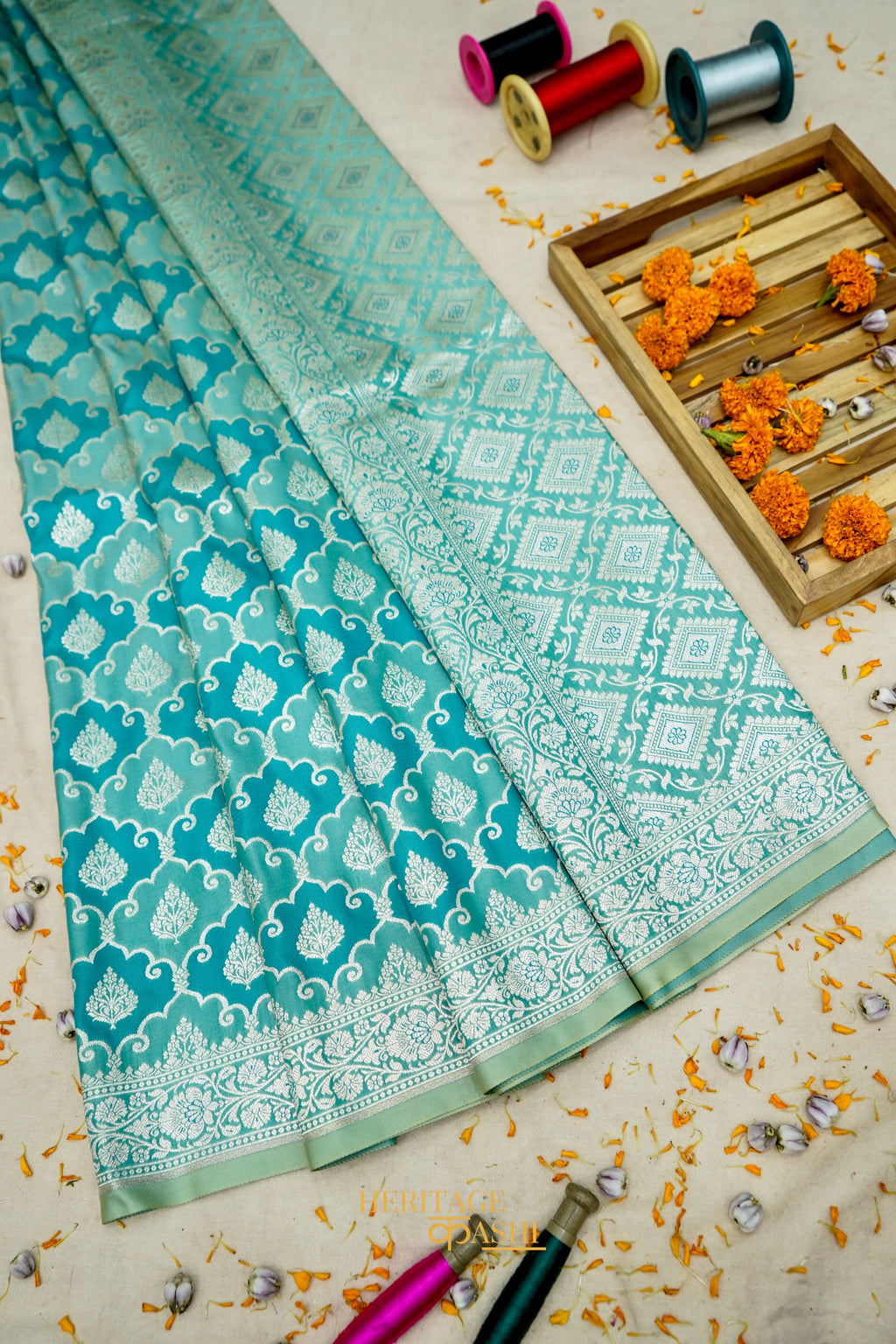 Aqua Green Katan Rangkat Silk Saree