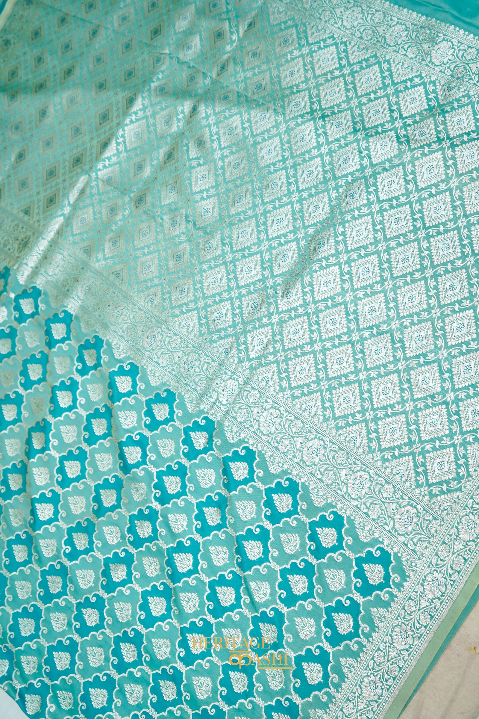 Aqua Green Katan Rangkat Silk Saree