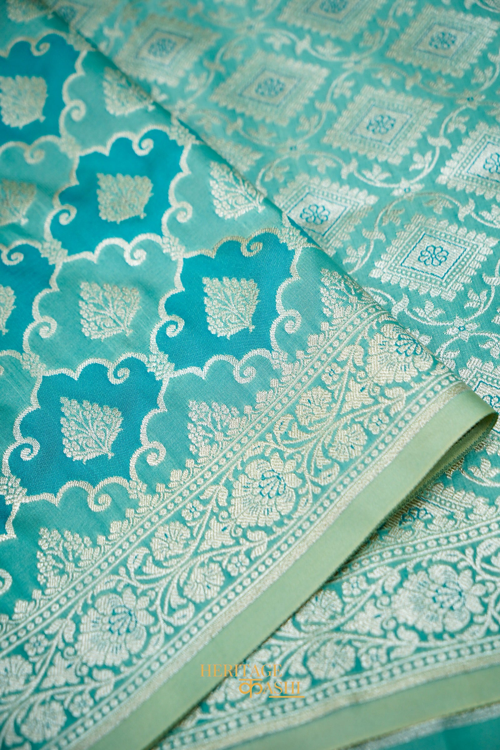 Aqua Green Katan Rangkat Silk Saree