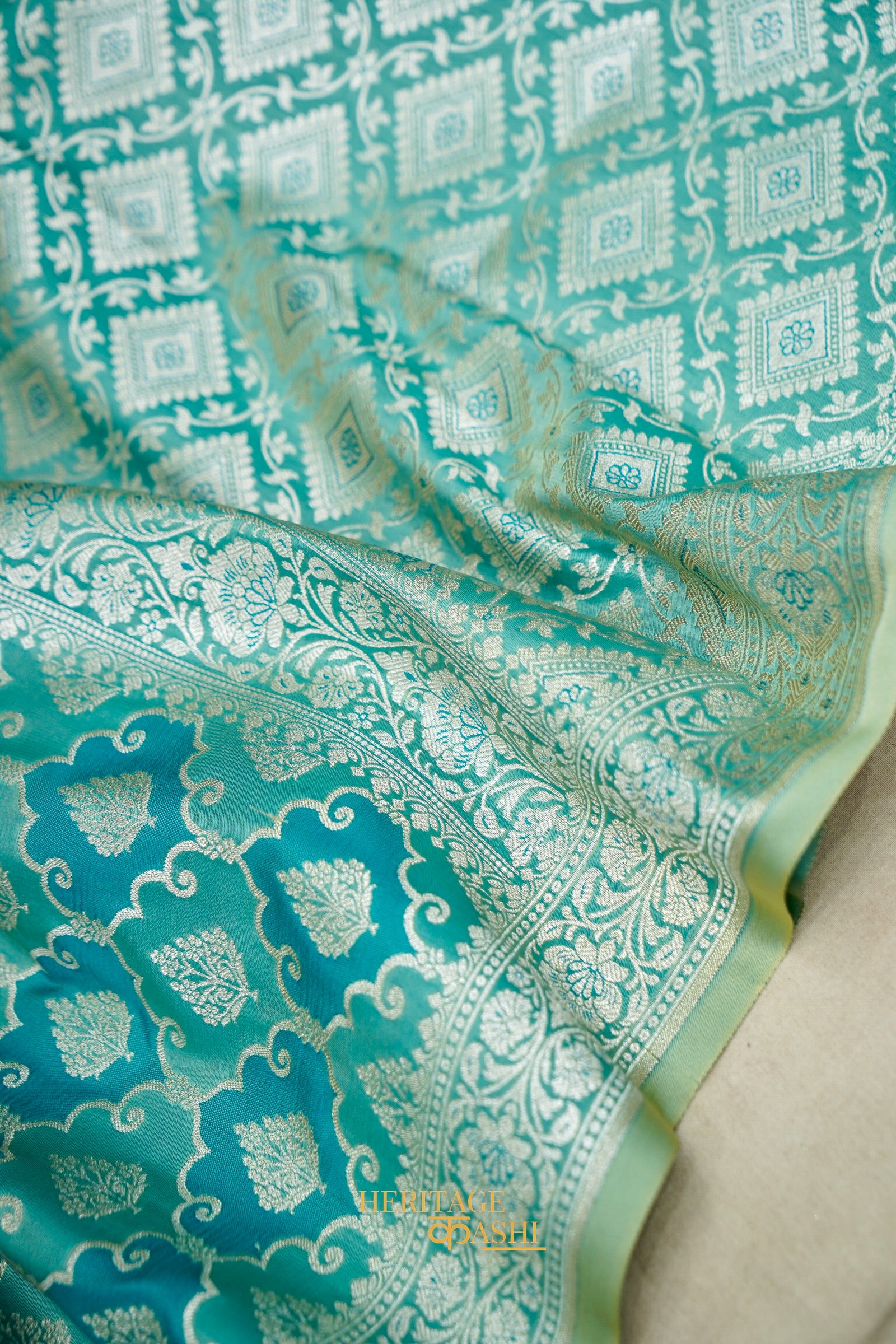 Aqua Green Katan Rangkat Silk Saree