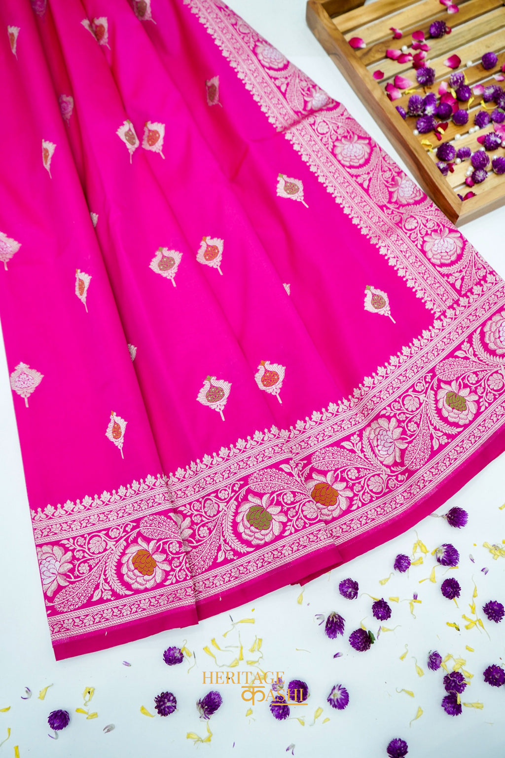 Rani Pink Katan Silk Saree with Meenakari Motifs & Floral Zari Border
