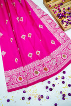 Rani Pink Katan Silk Saree with Meenakari Motifs & Floral Zari Border