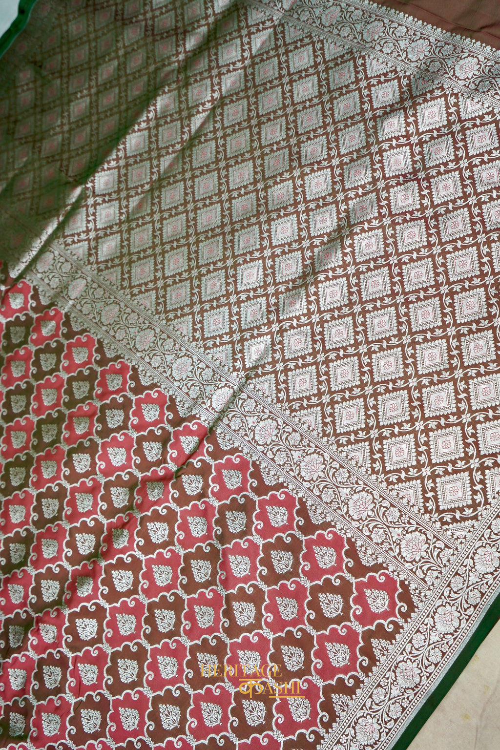 Rose Pink Katan Rangkat Banarasi Silk Saree with Silver Zari Border