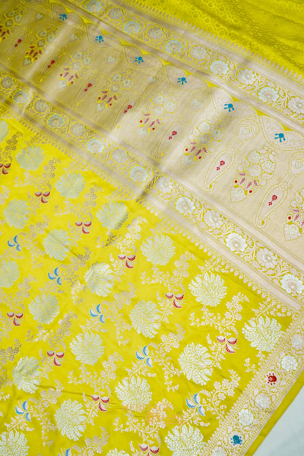Sunshine Yellow Mashru Multicolour Floral Jaal Motif Silk Saree