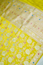 Sunshine Yellow Mashru Multicolour Floral Jaal Motif Silk Saree