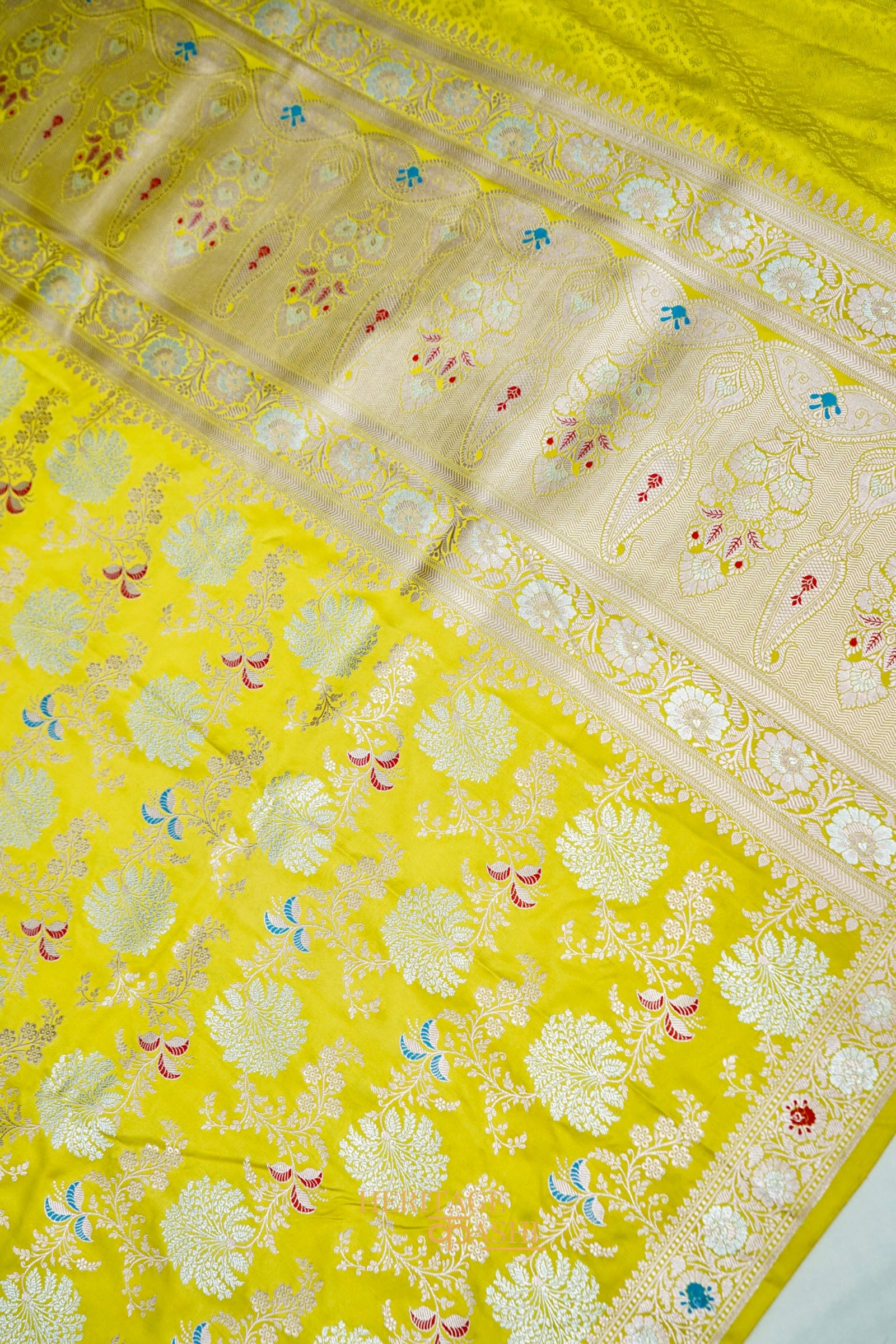 Sunshine Yellow Mashru Multicolour Floral Jaal Motif Silk Saree