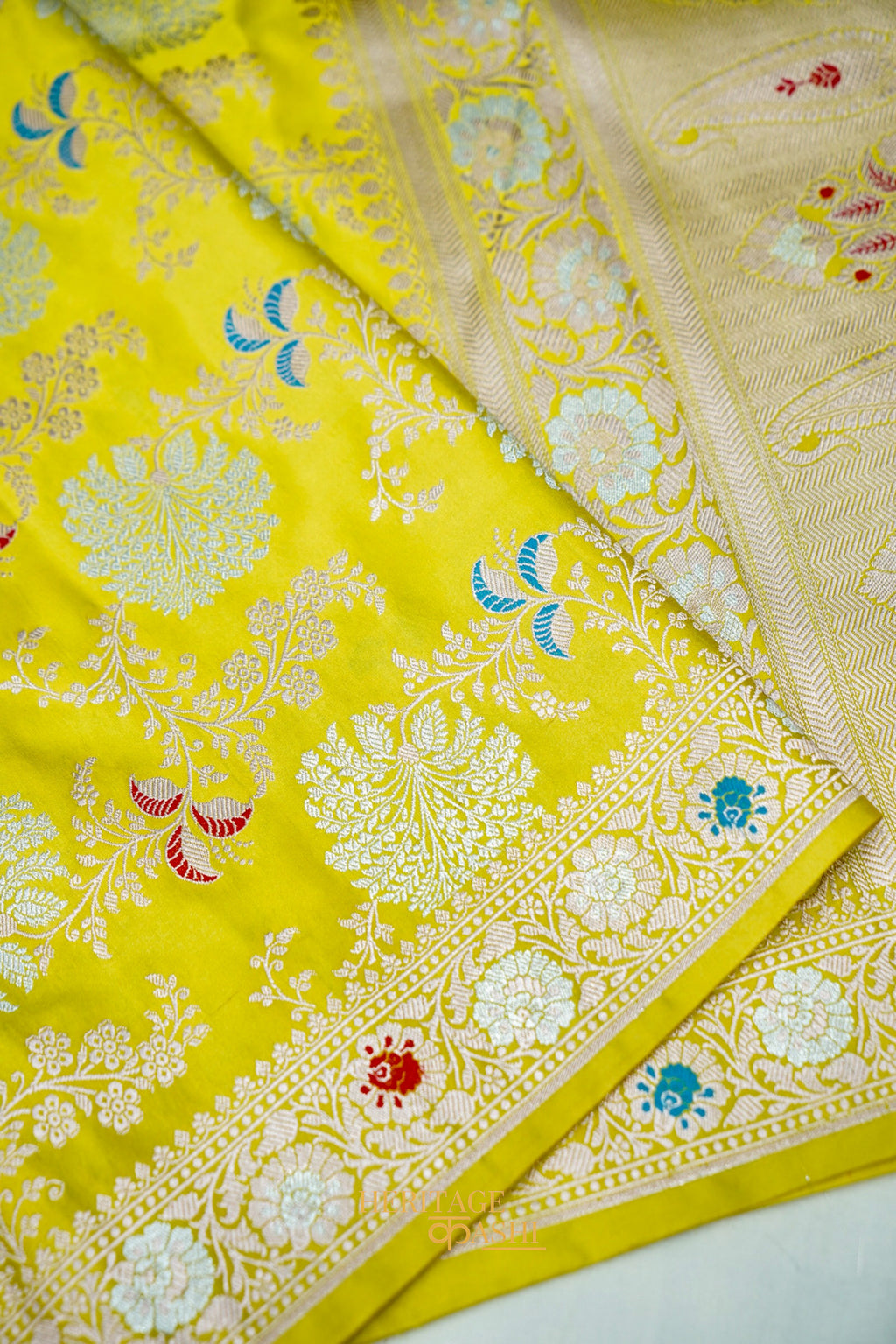 Sunshine Yellow Mashru Multicolour Floral Jaal Motif Silk Saree