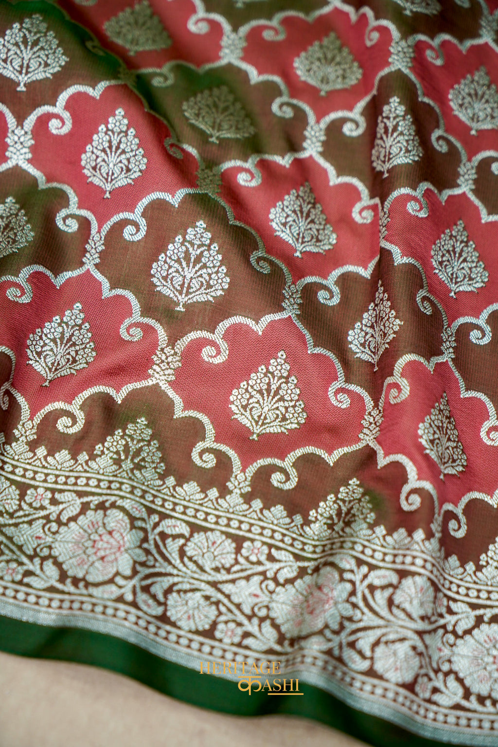 Rose Pink Katan Rangkat Banarasi Silk Saree with Silver Zari Border