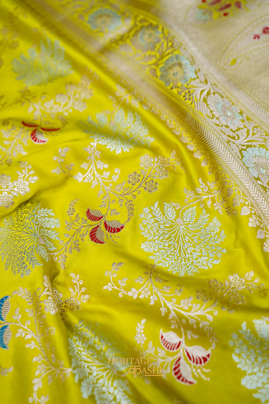 Sunshine Yellow Mashru Multicolour Floral Jaal Motif Silk Saree