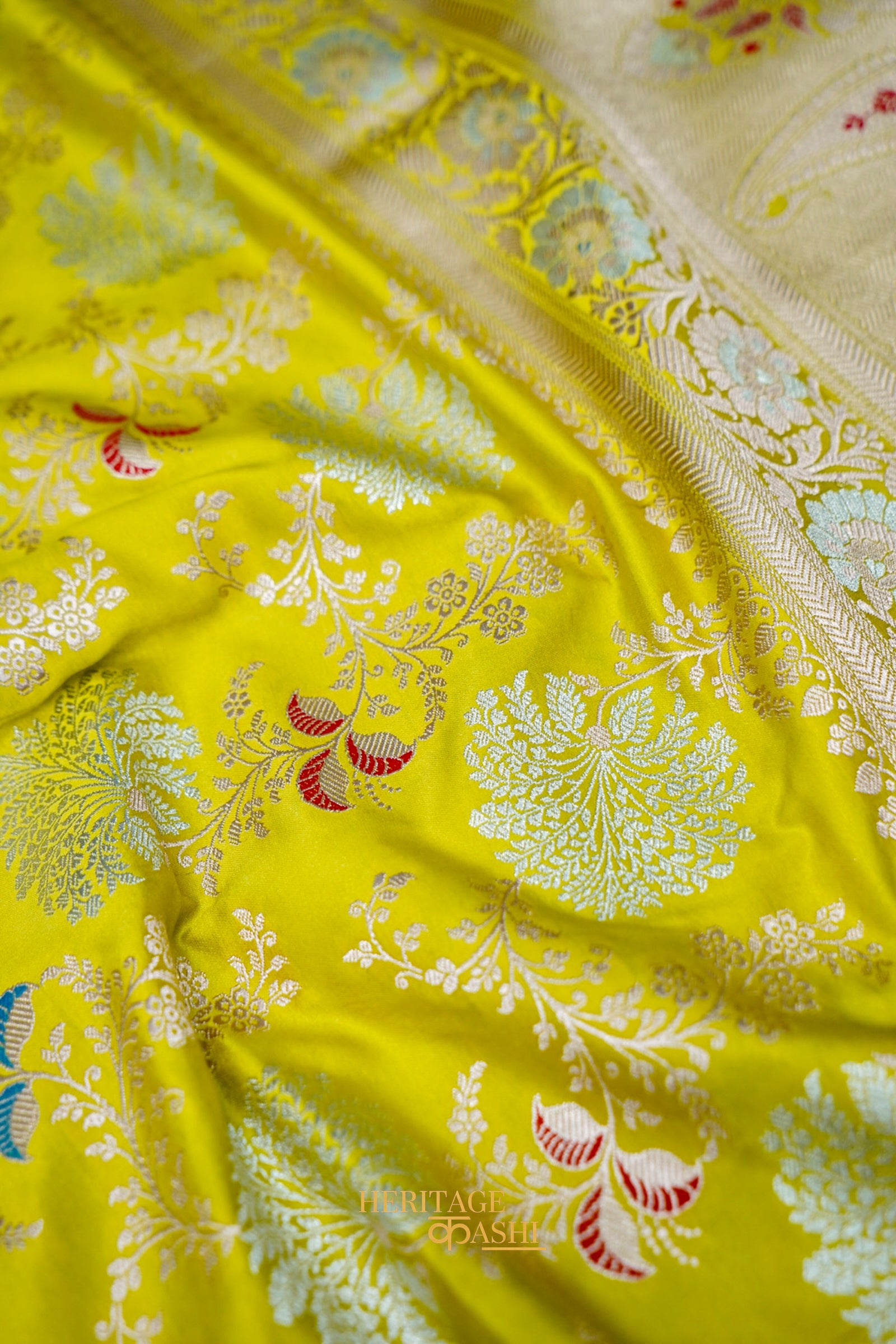 Sunshine Yellow Mashru Multicolour Floral Jaal Motif Silk Saree