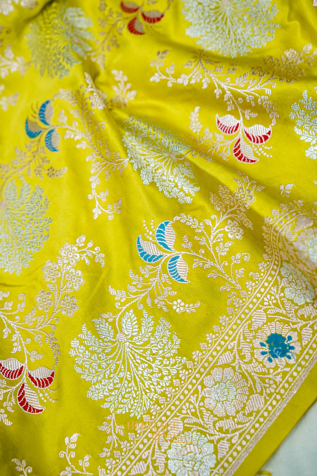 Sunshine Yellow Mashru Multicolour Floral Jaal Motif Silk Saree