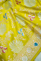 Sunshine Yellow Mashru Multicolour Floral Jaal Motif Silk Saree