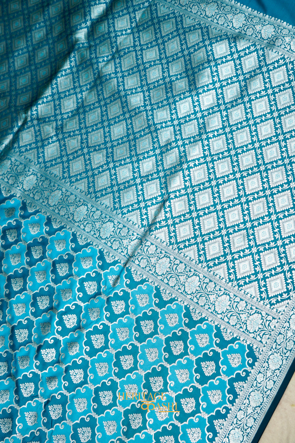 Turquoise Blue Katan Rangkat Banarasi Silk Saree with Silver Zari Border