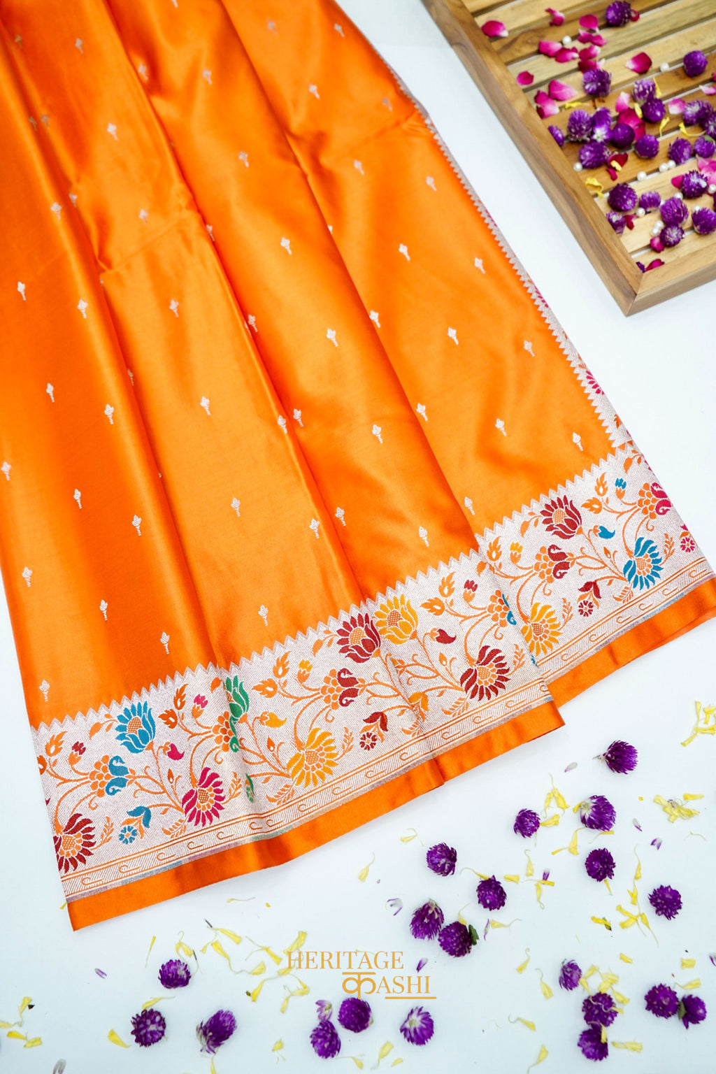 Premium Orange Mashru Paithani Inspired Floral Border Silk Saree