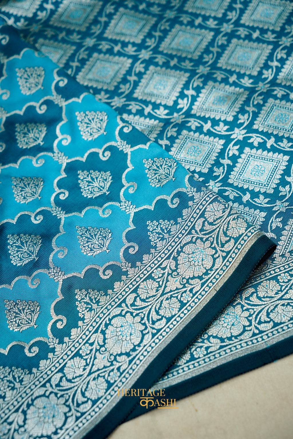 Turquoise Blue Katan Rangkat Banarasi Silk Saree with Silver Zari Border