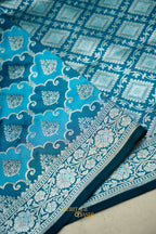 Turquoise Blue Katan Rangkat Banarasi Silk Saree with Silver Zari Border