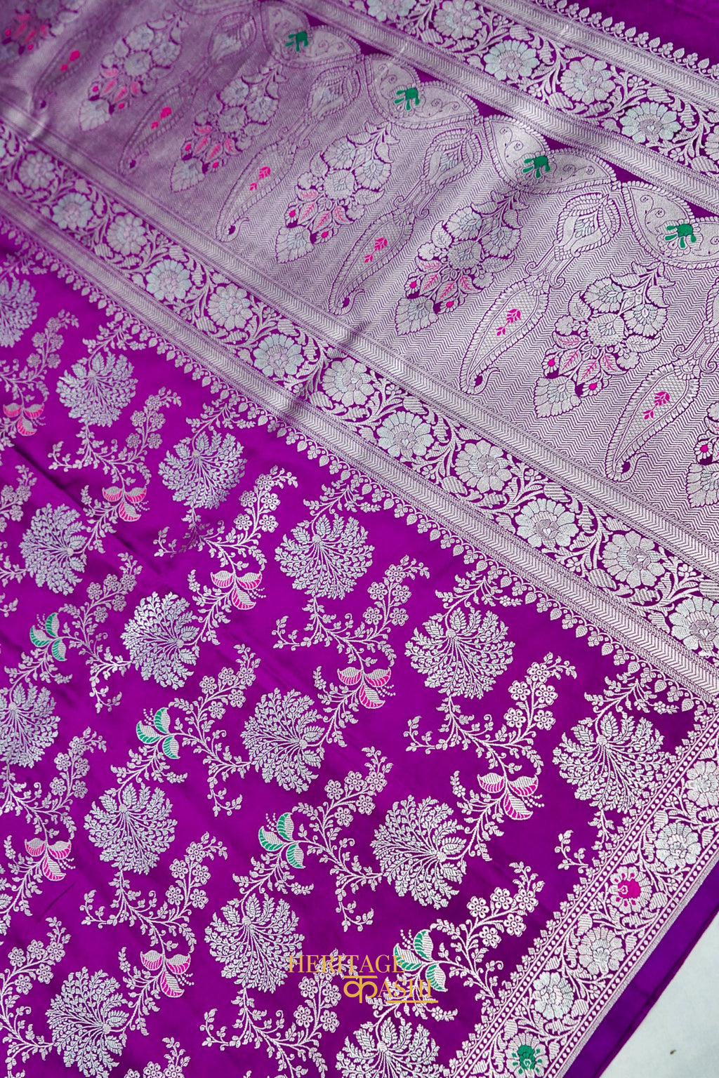 Royal Orchid Purple Mashru Multicolour Floral Jaal Motif Silk Saree