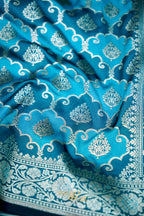 Turquoise Blue Katan Rangkat Banarasi Silk Saree with Silver Zari Border