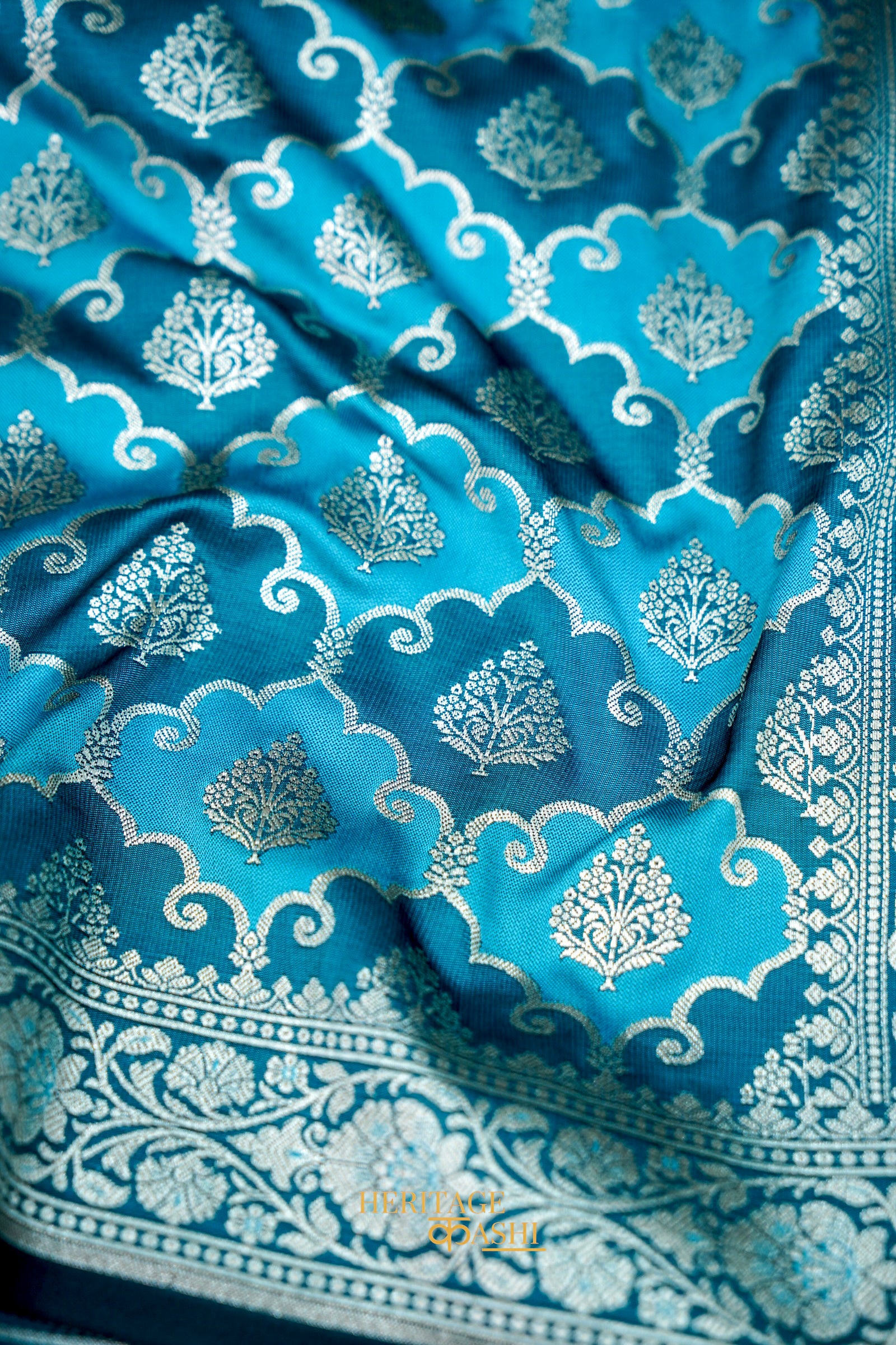 Turquoise Blue Katan Rangkat Banarasi Silk Saree with Silver Zari Border