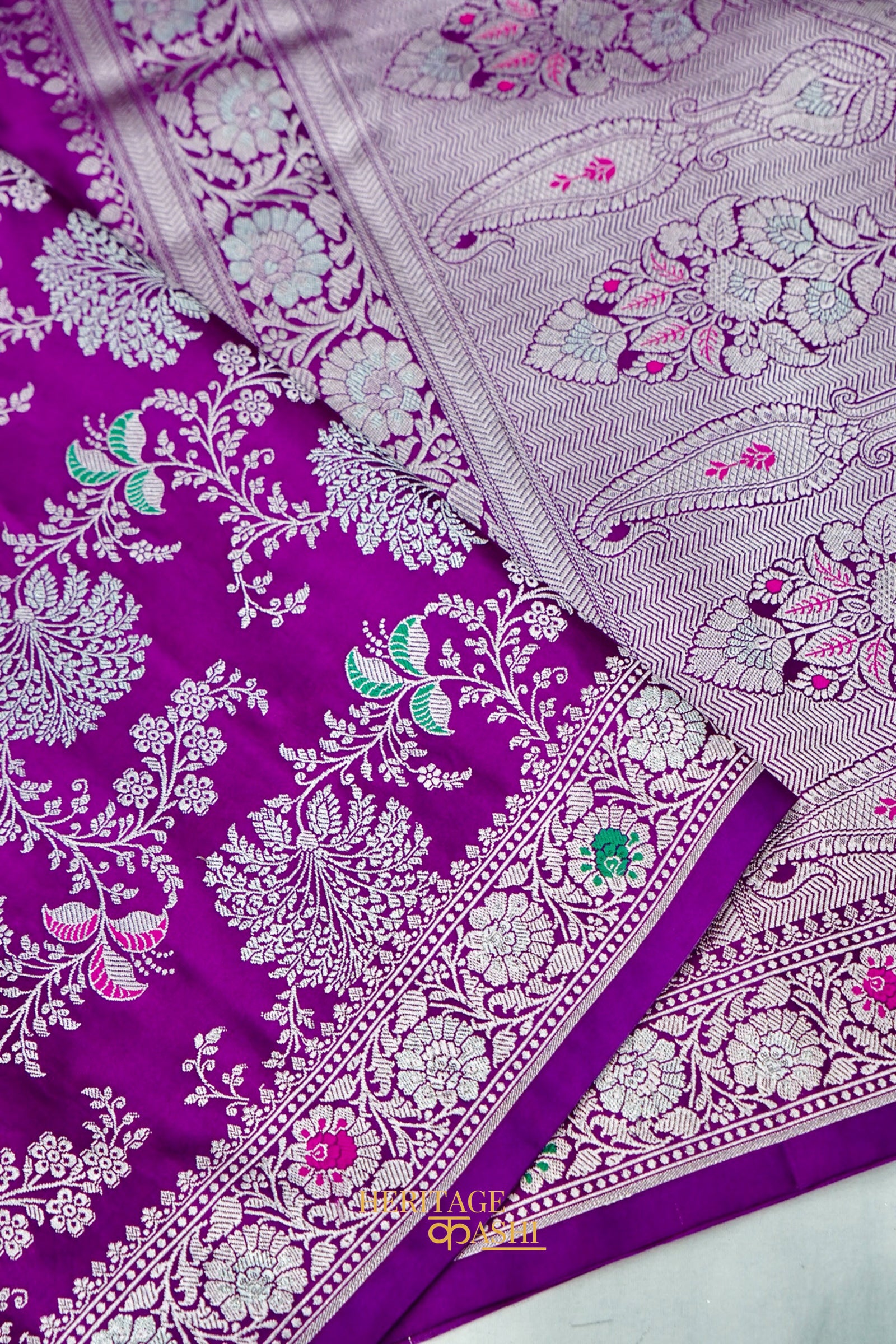 Royal Orchid Purple Mashru Multicolour Floral Jaal Motif Silk Saree