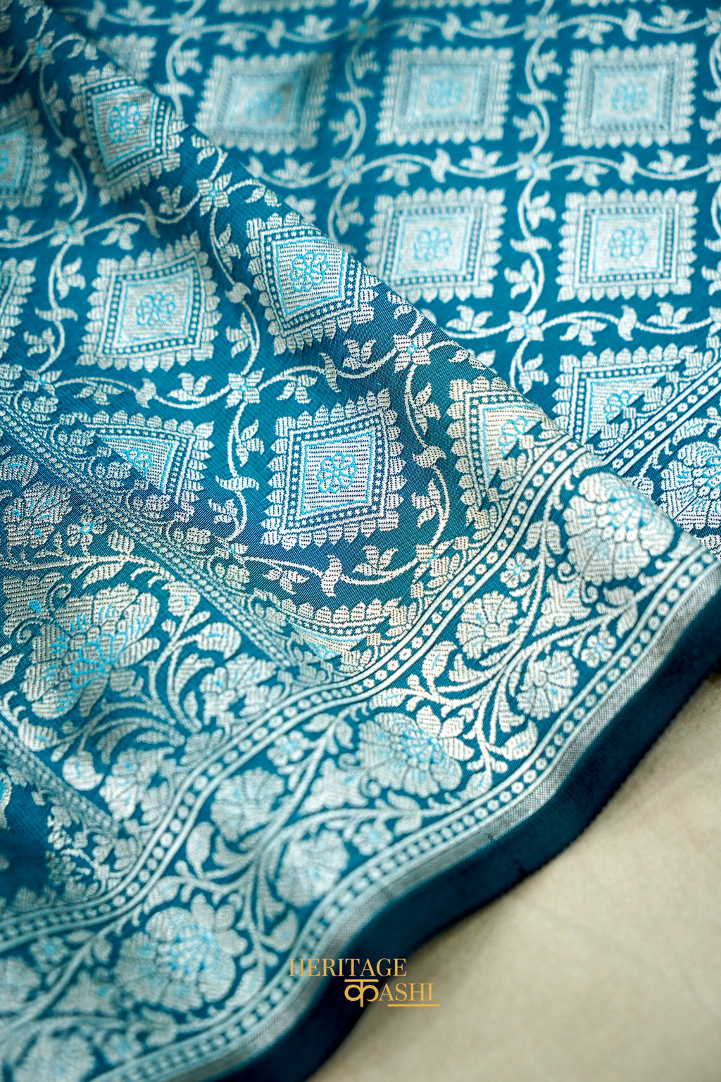 Turquoise Blue Katan Rangkat Banarasi Silk Saree with Silver Zari Border