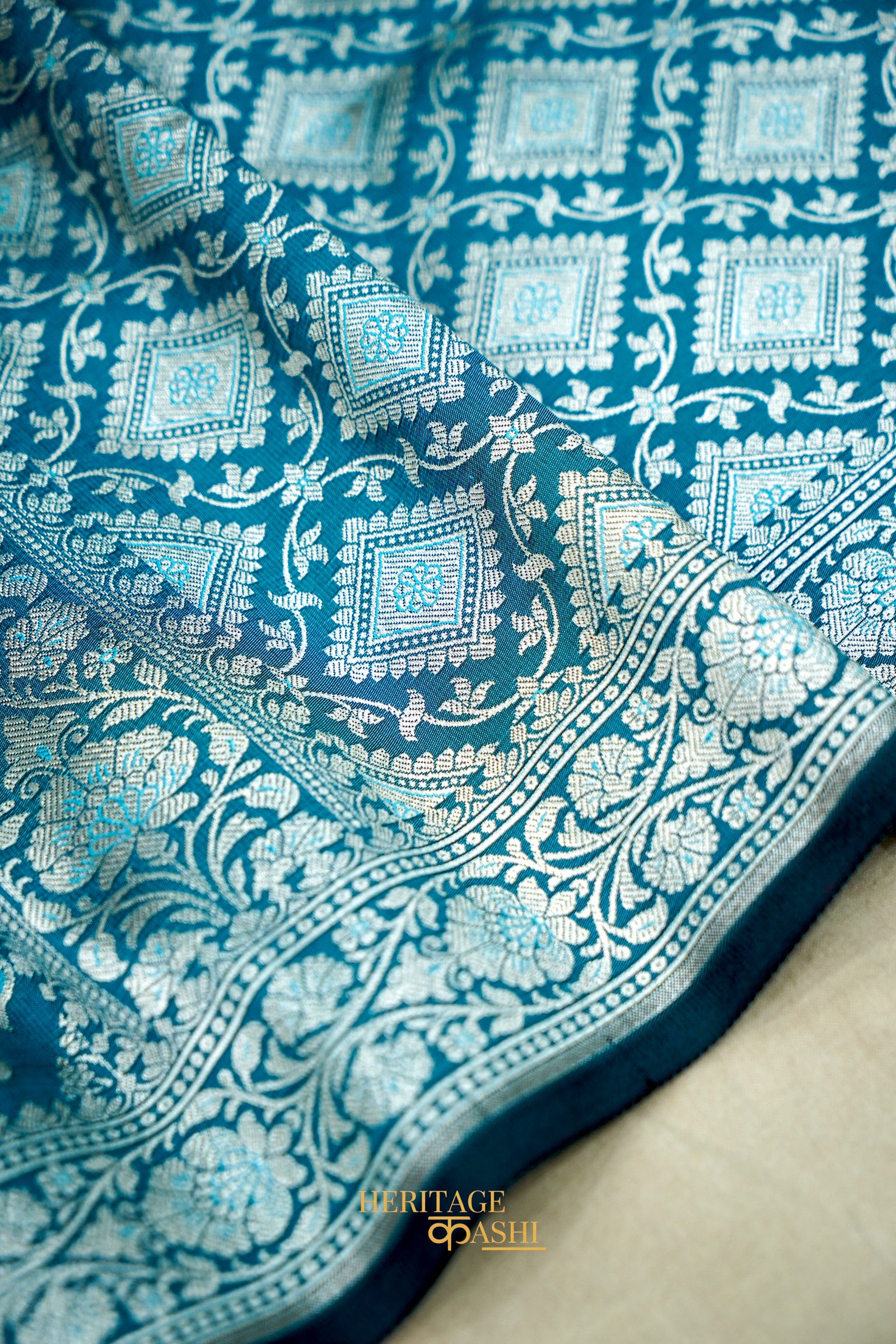 Turquoise Blue Katan Rangkat Banarasi Silk Saree with Silver Zari Border