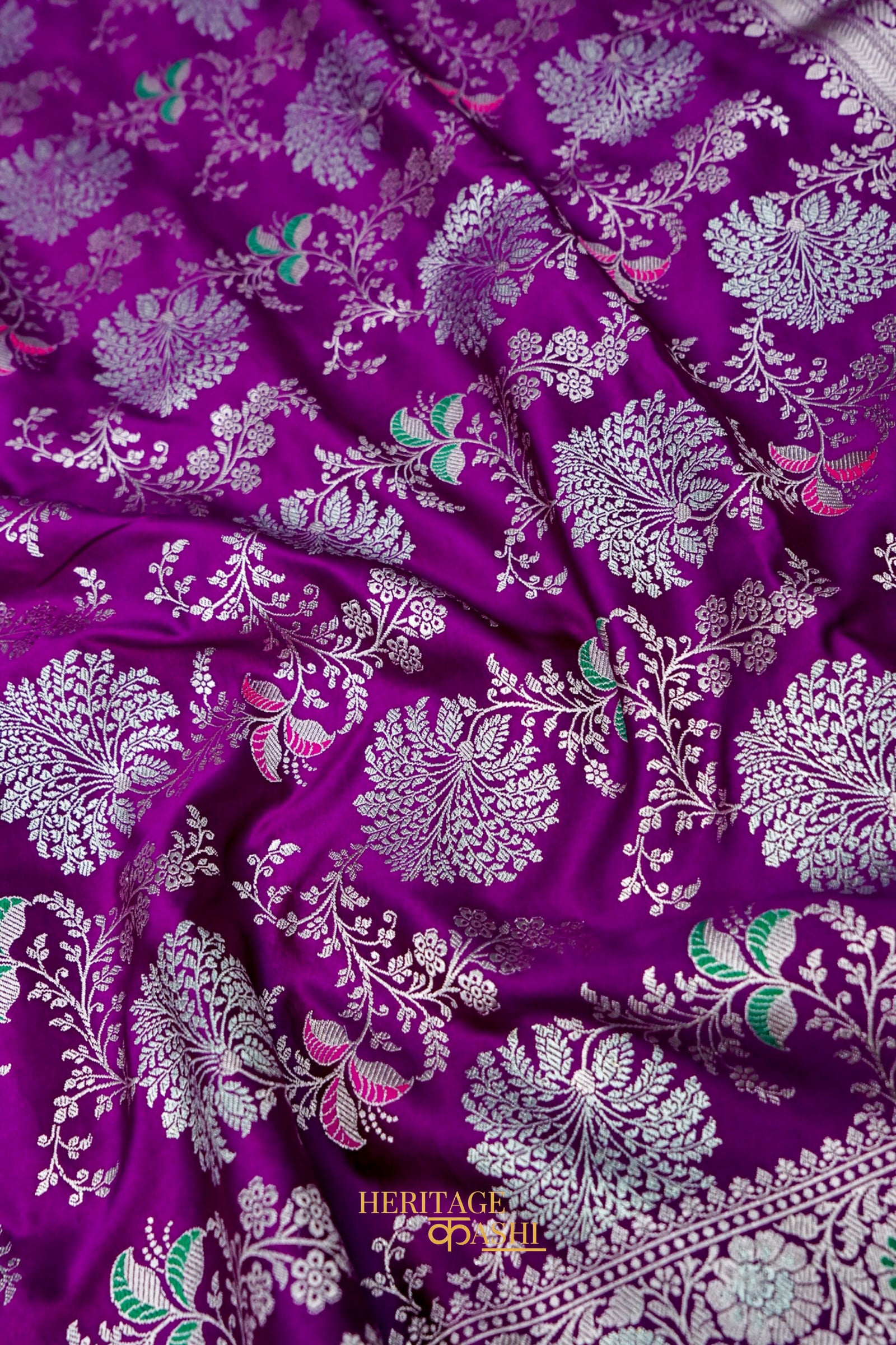 Royal Orchid Purple Mashru Multicolour Floral Jaal Motif Silk Saree