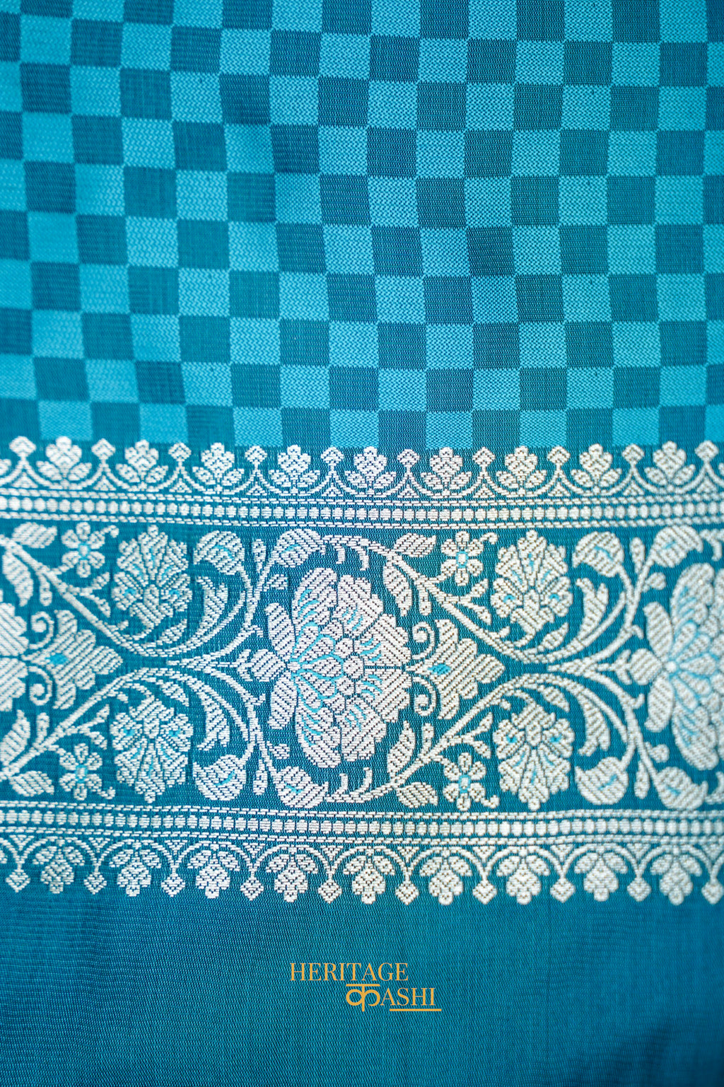 Turquoise Blue Katan Rangkat Banarasi Silk Saree with Silver Zari Border