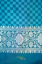 Turquoise Blue Katan Rangkat Banarasi Silk Saree with Silver Zari Border